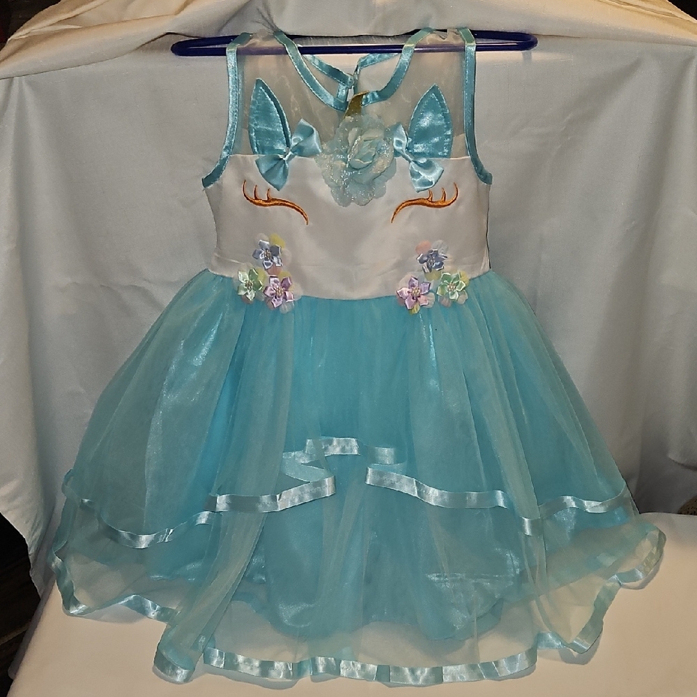 Elegant Blue and White Easter Dress with Tulle Skirt And Ribbon Tie Bow On Back